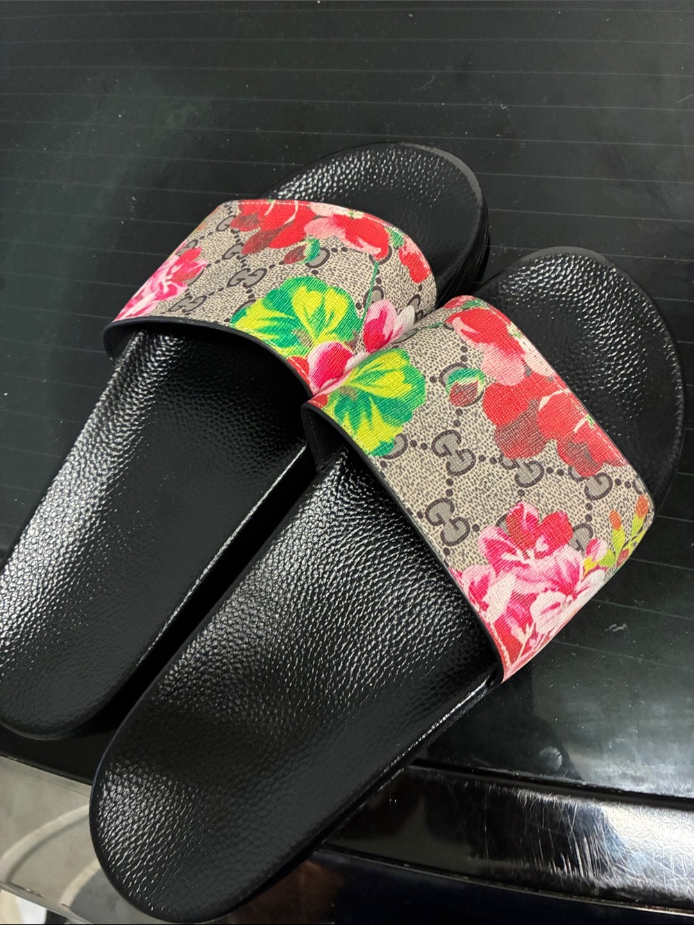 Gucci Black Slide Sandals with Multicolor Floral Canvas Strap